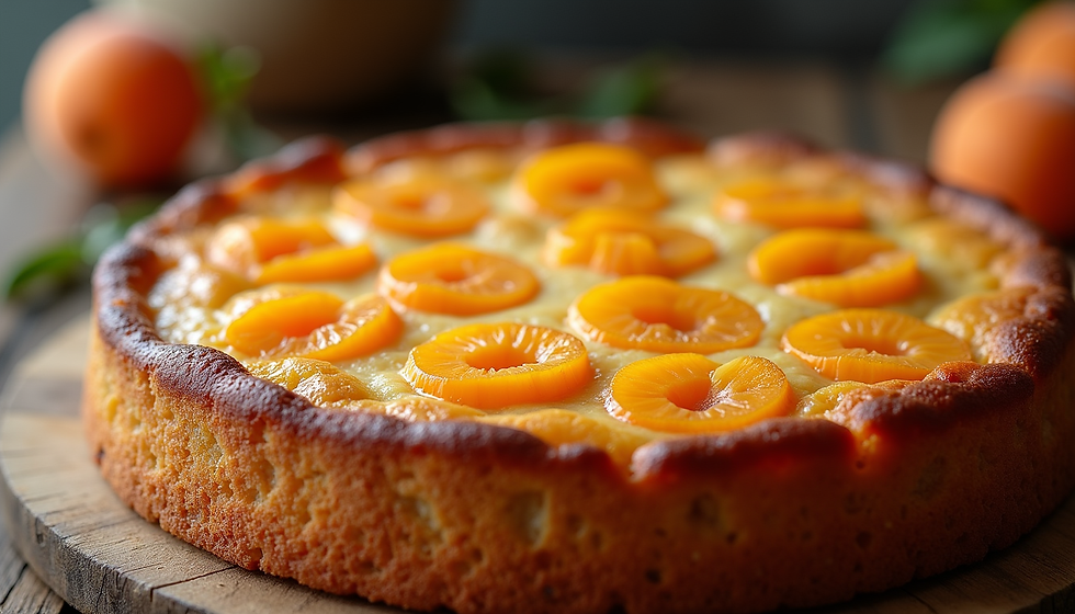 Eye-level view of a freshly baked apricot cake with golden crust and halved apricots on top