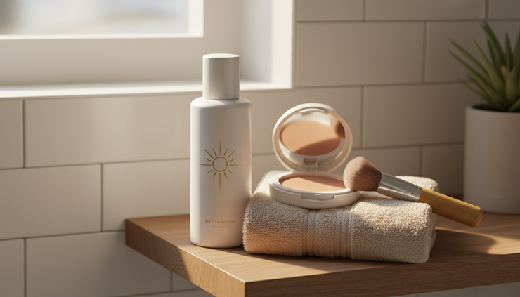 Eye-level view of a bathroom shelf with self-tanning lotion, bronzer, and a soft towel.