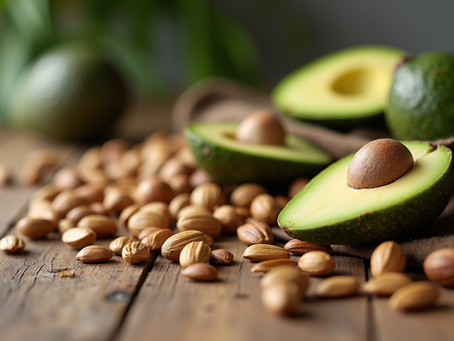 Close-up view of a bowl filled with nuts, seeds, and avocado slices rich in vitamin E