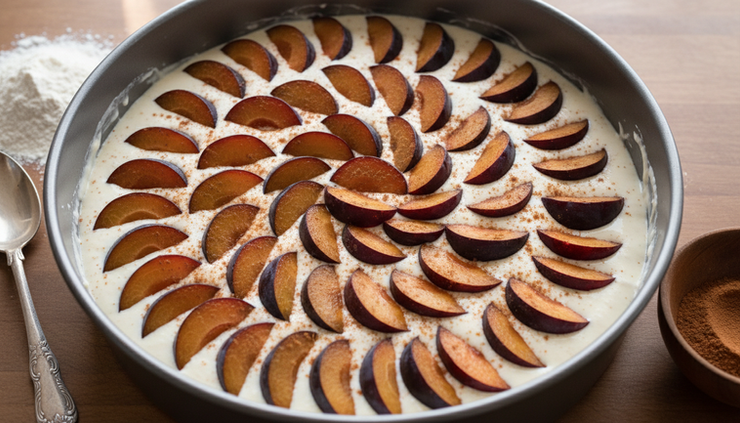 Close-up of sliced plums arranged in a spiral over pale tart batter.
