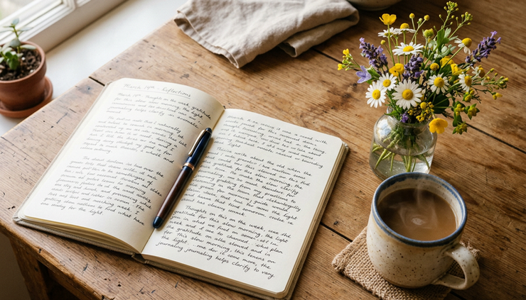 Overhead view of an open journal beside a mug and a small vase of flowers