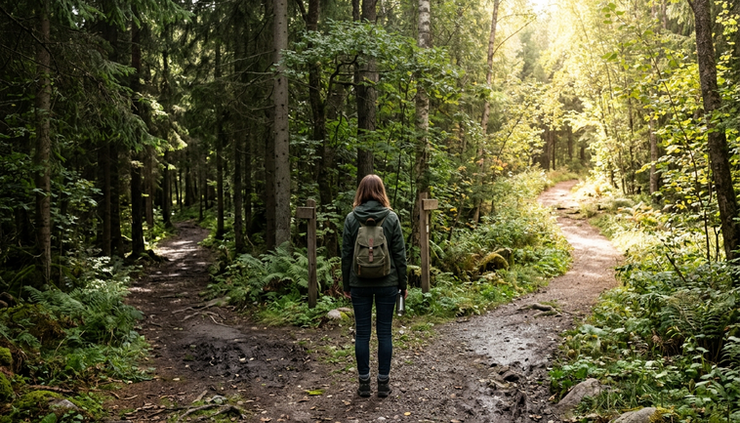 Wide-angle view of a person walking along a forked forest path with a small backpack