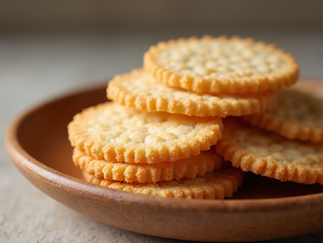 Close-up view of brown rice crackers stacked on a wooden plate