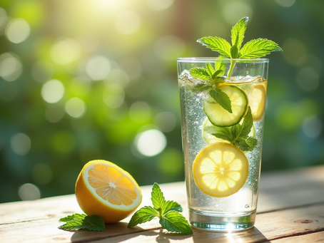 Close-up view of a refreshing glass of flavored water with cucumber, lemon, and mint