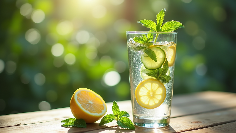 Close-up view of a refreshing glass of flavored water with cucumber, lemon, and mint