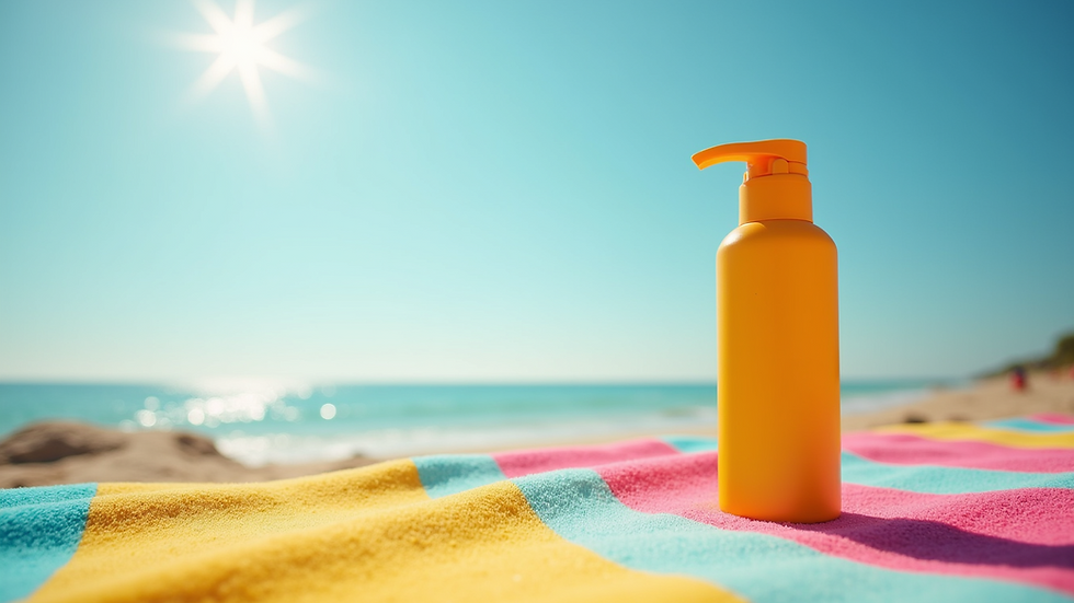 Close-up view of sunscreen bottle on a beach towel