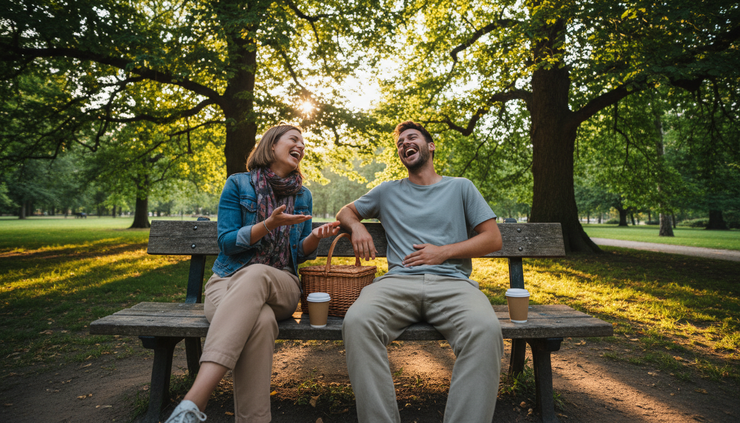 Wide-angle view of two friends laughing on a park bench during a casual conversation