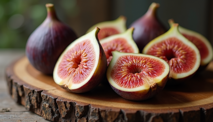 Close-up view of fresh figs sliced on a wooden board