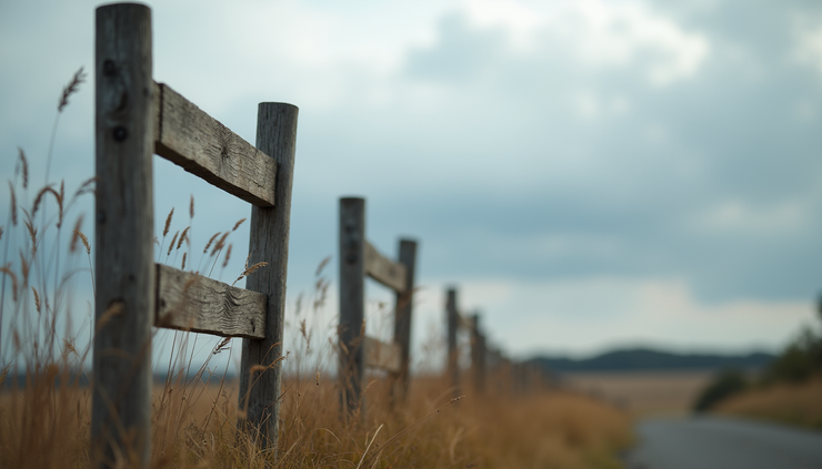 Eye-level view of a wooden fence standing firm against a cloudy sky