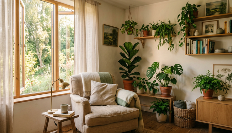 Wide-angle view of a quiet sunlit room with plants and an open window