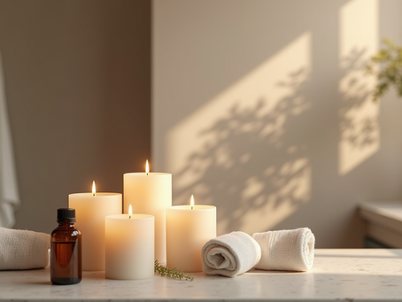Eye-level view of a tranquil bathroom with candles and essential oils