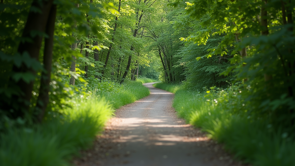 Eye-level view of a winding path surrounded by lush greenery