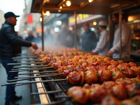 Eye-level view of a bustling street food stand offering an array of kebabs and grilled meats