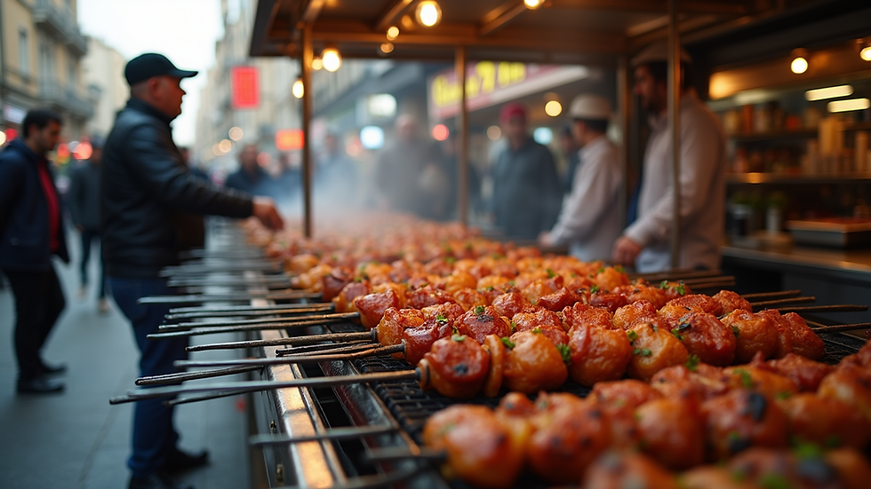 Eye-level view of a bustling street food stand offering an array of kebabs and grilled meats