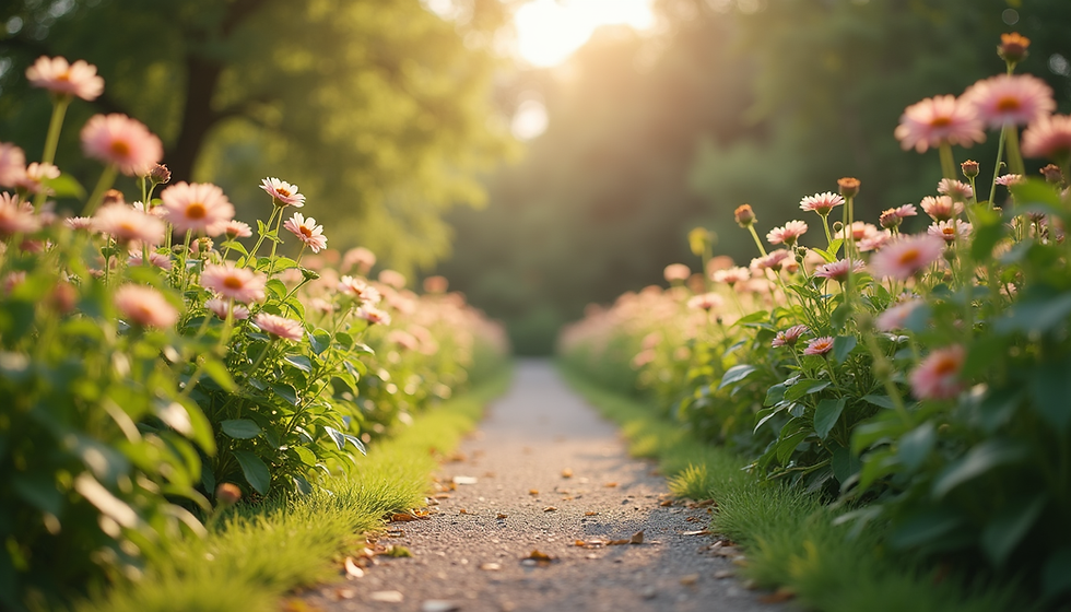Eye-level view of a serene garden path lined with blooming flowers