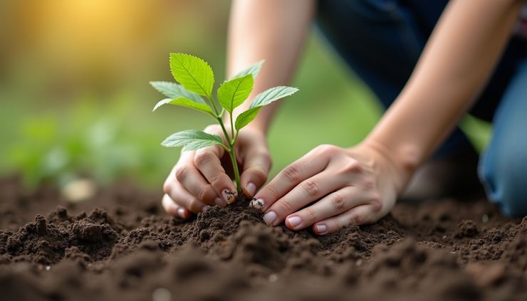 Eye-level view of a single person planting a tree in a community garden