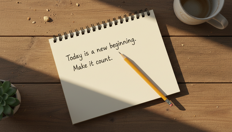 Overhead view of a notebook with one imperfect sentence written on the page.