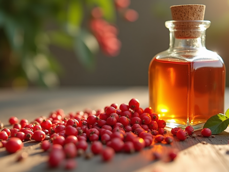 Close-up view of rosehip seeds and oil bottle on wooden surface