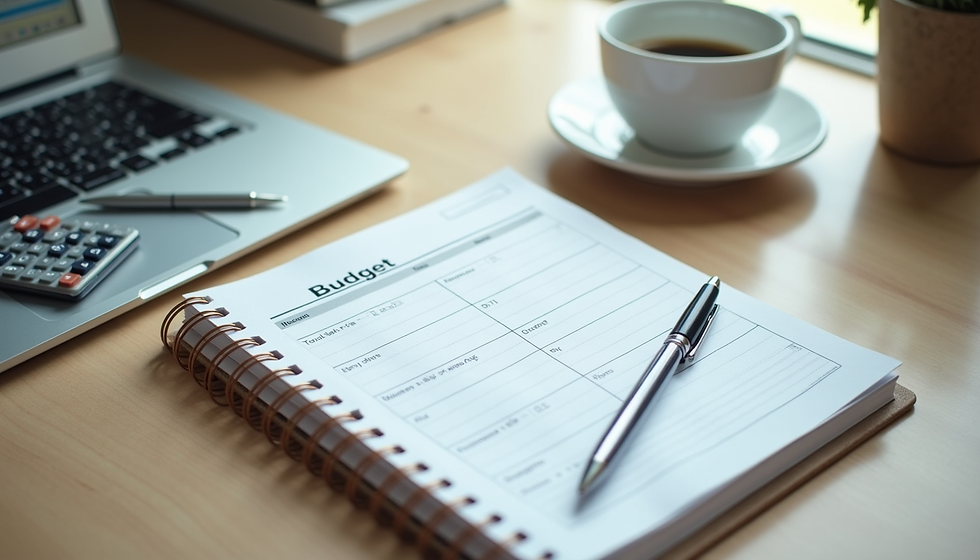 Eye-level view of a neatly organized desk with a budget planner, calculator, and a cup of coffee
