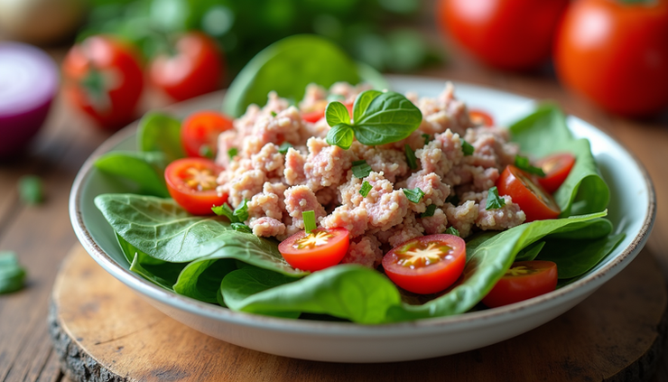 Eye-level view of a bowl filled with colorful tuna salad featuring spinach, cherry tomatoes, and red onion