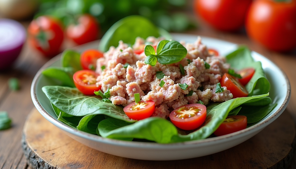 Eye-level view of a bowl filled with colorful tuna salad featuring spinach, cherry tomatoes, and red onion