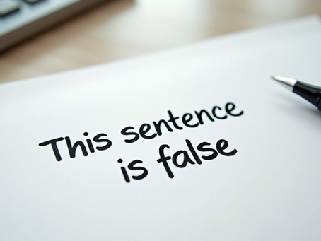 Close-up view of a handwritten note with the sentence "This sentence is false" written in black ink