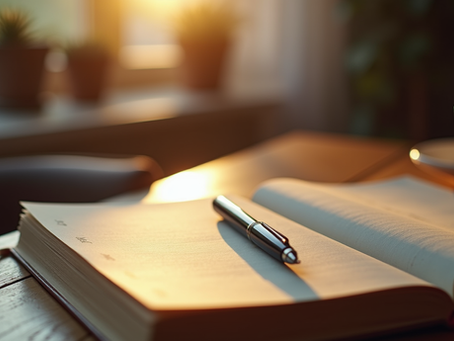 Eye-level view of a journal and pen on a wooden desk with soft evening light