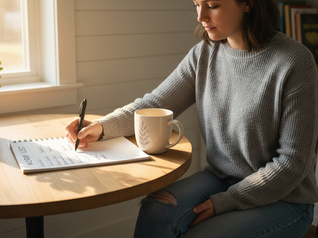 Eye-level view of a person crossing items off a handwritten worry list at a kitchen table
