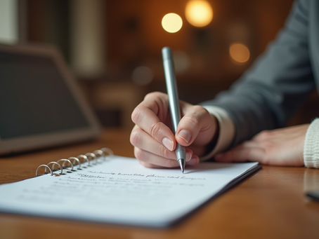 Eye-level view of a person writing a list on a notepad at a wooden desk