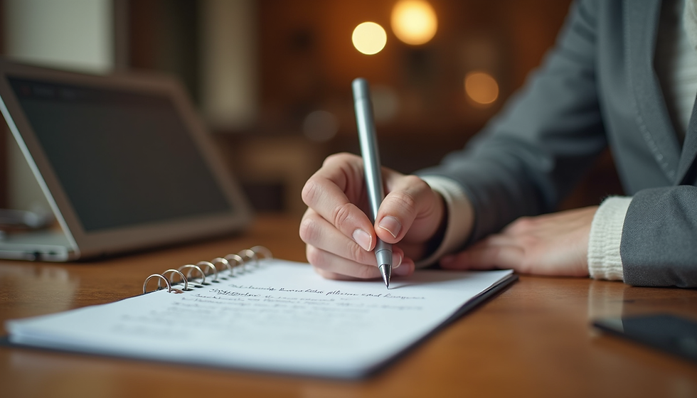 Eye-level view of a person writing a list on a notepad at a wooden desk