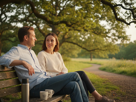 Eye-level view of two people talking calmly on a park bench