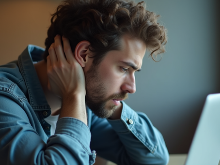Eye-level view of a person rubbing their neck while sitting at a desk with a laptop and glasses nearby