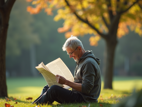 Eye-level view of a person reading a newspaper in a park