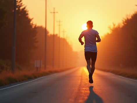 Eye-level view of a lone runner training on a quiet road at dawn