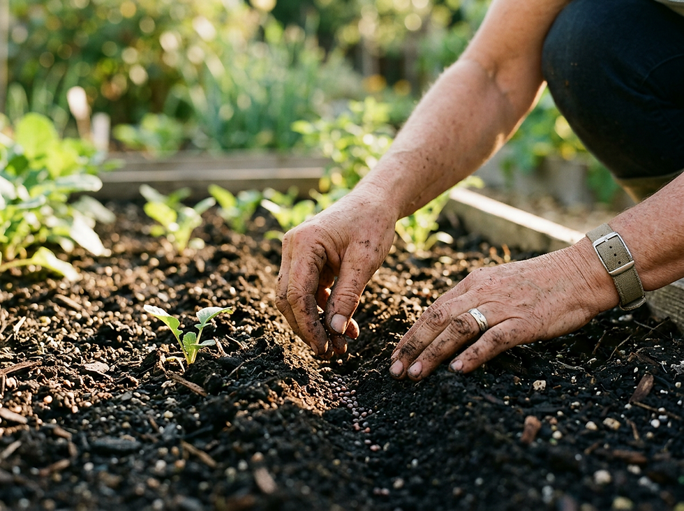 Close-up view of hands planting seeds in rich soil.