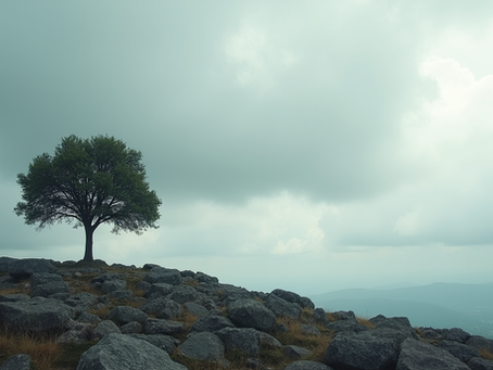 Eye-level view of a lone tree standing firm on a rocky hill under a cloudy sky