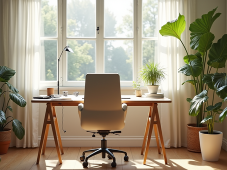 Eye-level view of a peaceful home workspace with natural light and plants