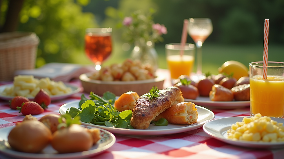 Eye-level view of a summer picnic spread with various dishes