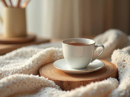 Eye-level view of a cozy morning tea setup