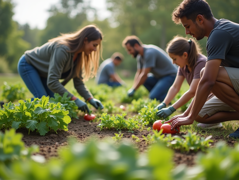 Eye-level view of a community garden with diverse people planting vegetables