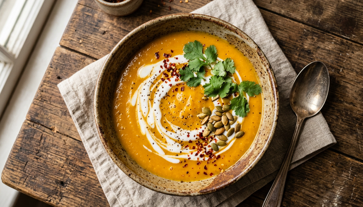 Overhead view of creamy pumpkin curry soup in a ceramic bowl.