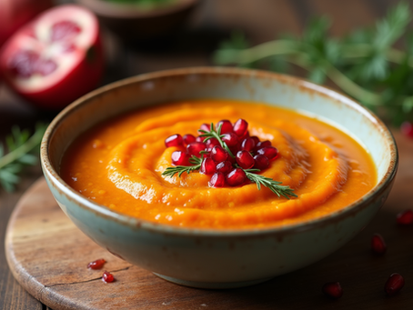 Close-up view of a bowl of Moroccan carrot potage garnished with pomegranate seeds