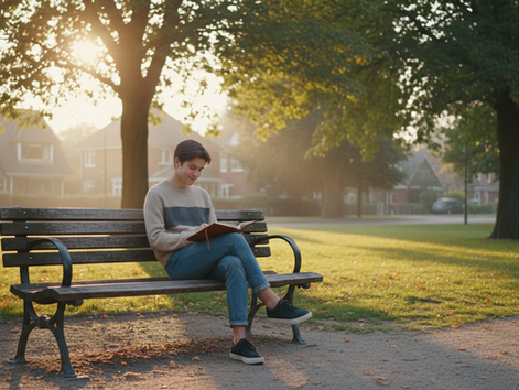 Eye-level view of a person sitting peacefully on a park bench with a journal in their lap.
