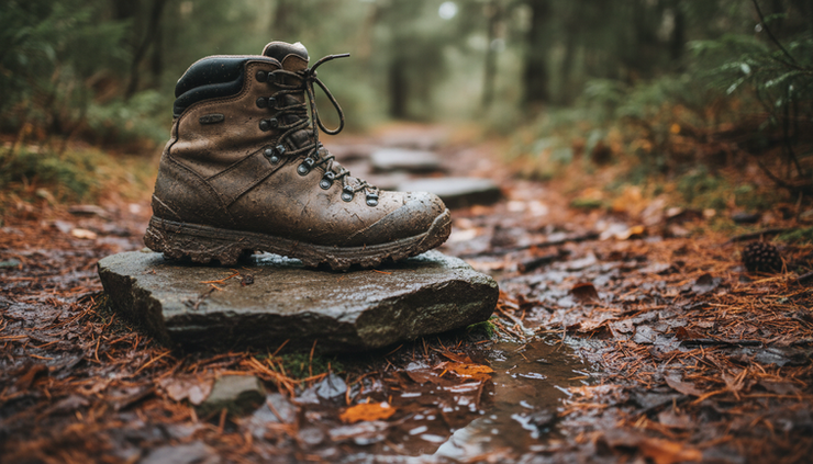 Close-up view of a muddy hiking boot stepping onto a trail stone
