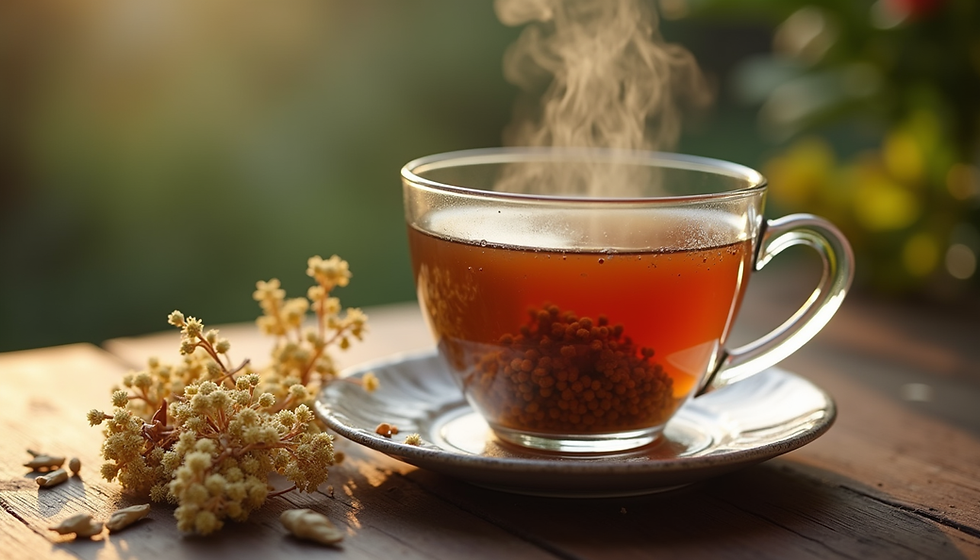 Close-up view of a steaming cup of valerian tea on a wooden table with dried valerian roots beside it