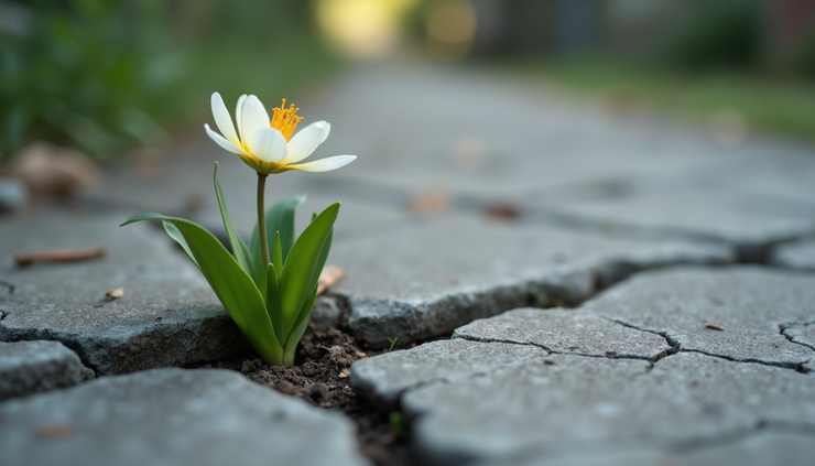 Eye-level view of a single blooming flower growing through cracks in concrete