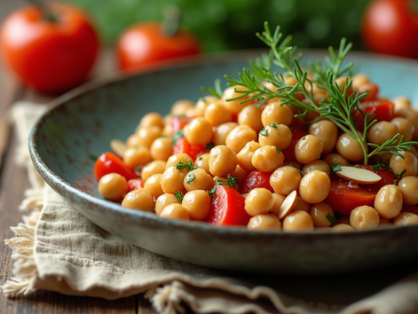 Eye-level view of a bowl of aromatic chickpea and bean salad with fresh dill and toasted almonds