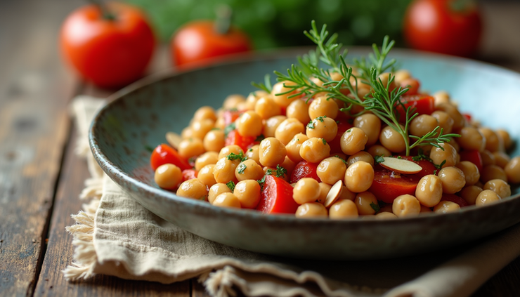 Eye-level view of a bowl filled with aromatic chickpea and bean salad topped with almonds and fresh dill