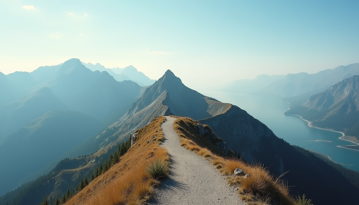 Eye-level view of a winding mountain trail leading toward a distant summit
