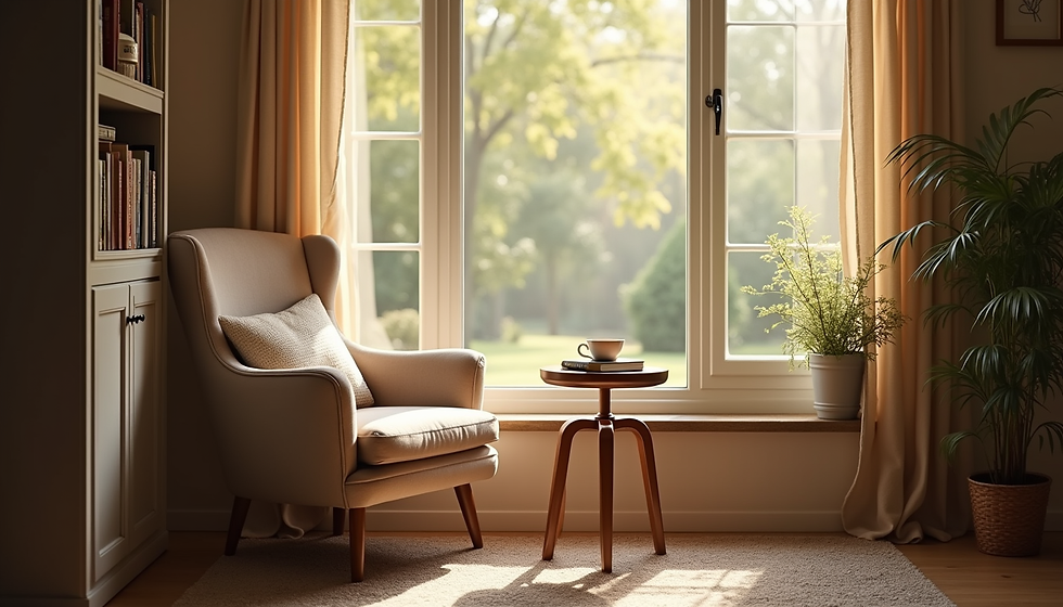 Eye-level view of a sunlit cozy reading nook with a comfortable chair and a small table holding a cup of tea